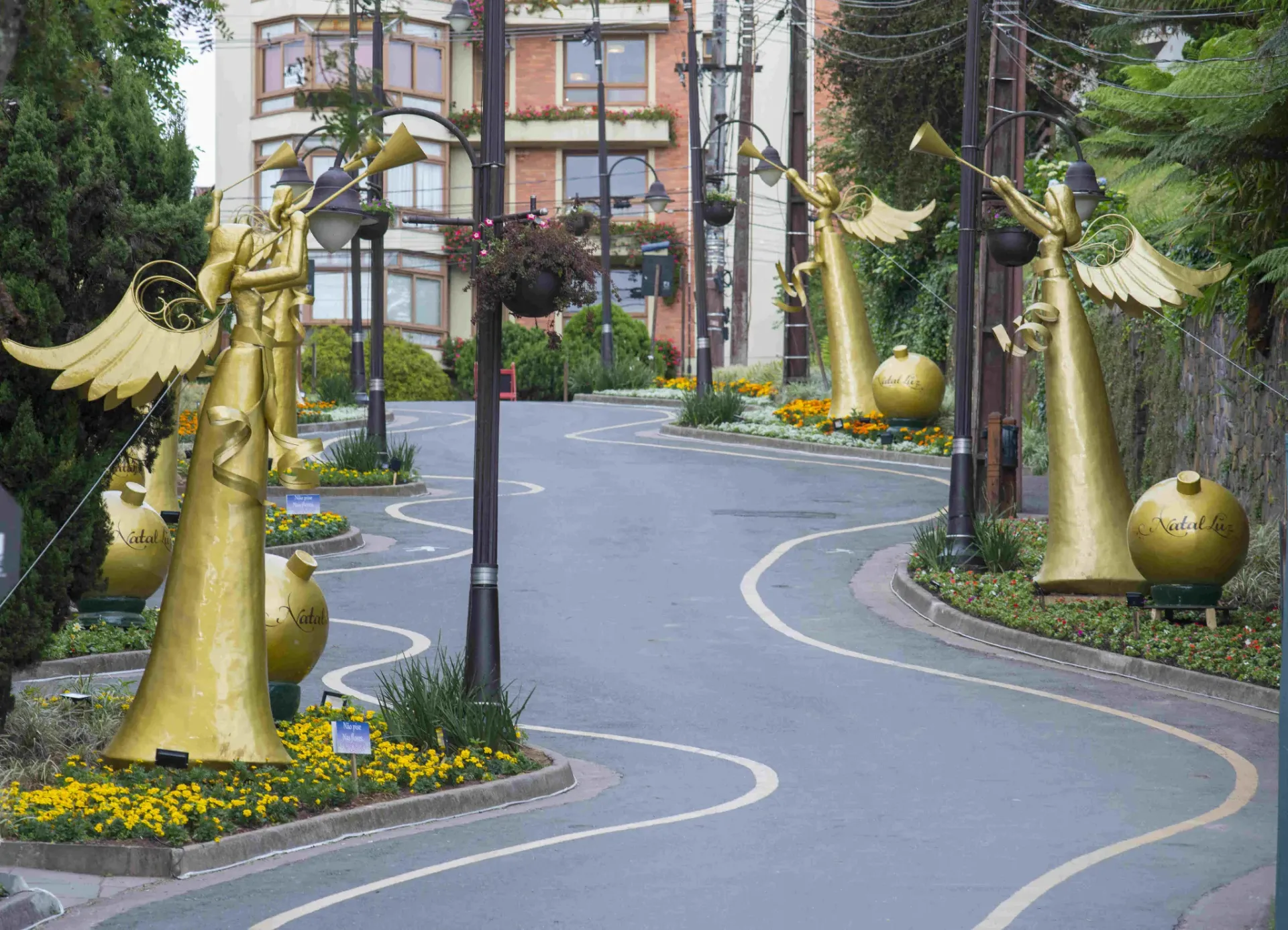 Rua Torta em Gramado decorada para o Natal Luz, com estátuas de anjos dourados tocando cornetas e canteiros de flores amarelas ao longo da pista sinuosa.