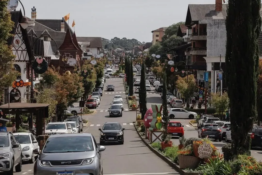 Rua movimentada e arborizada com carros e lojas ao longo de uma encosta.