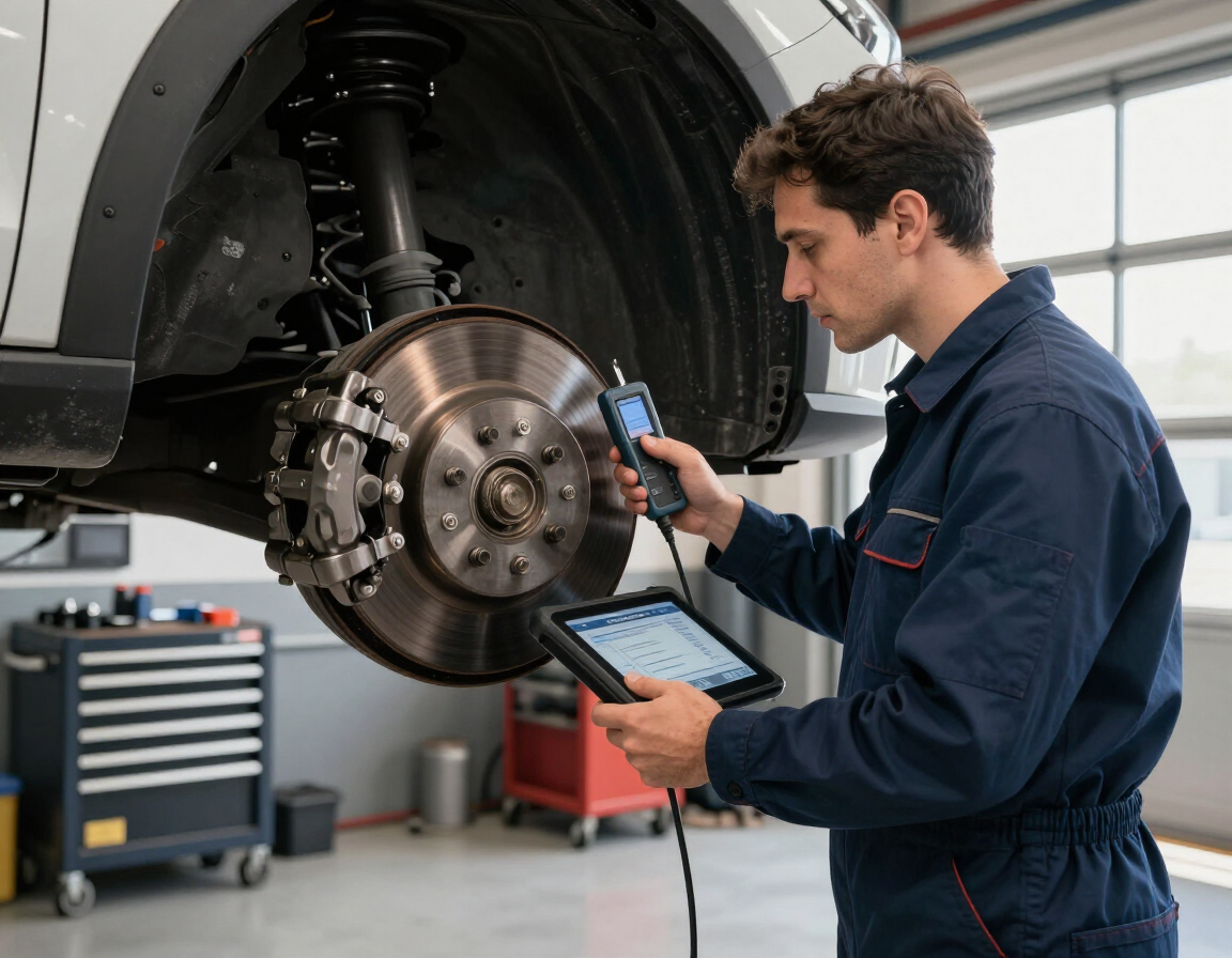 Mecánico inspeccionando un disco de freno de coche con una tableta en un taller de reparación de automóviles.