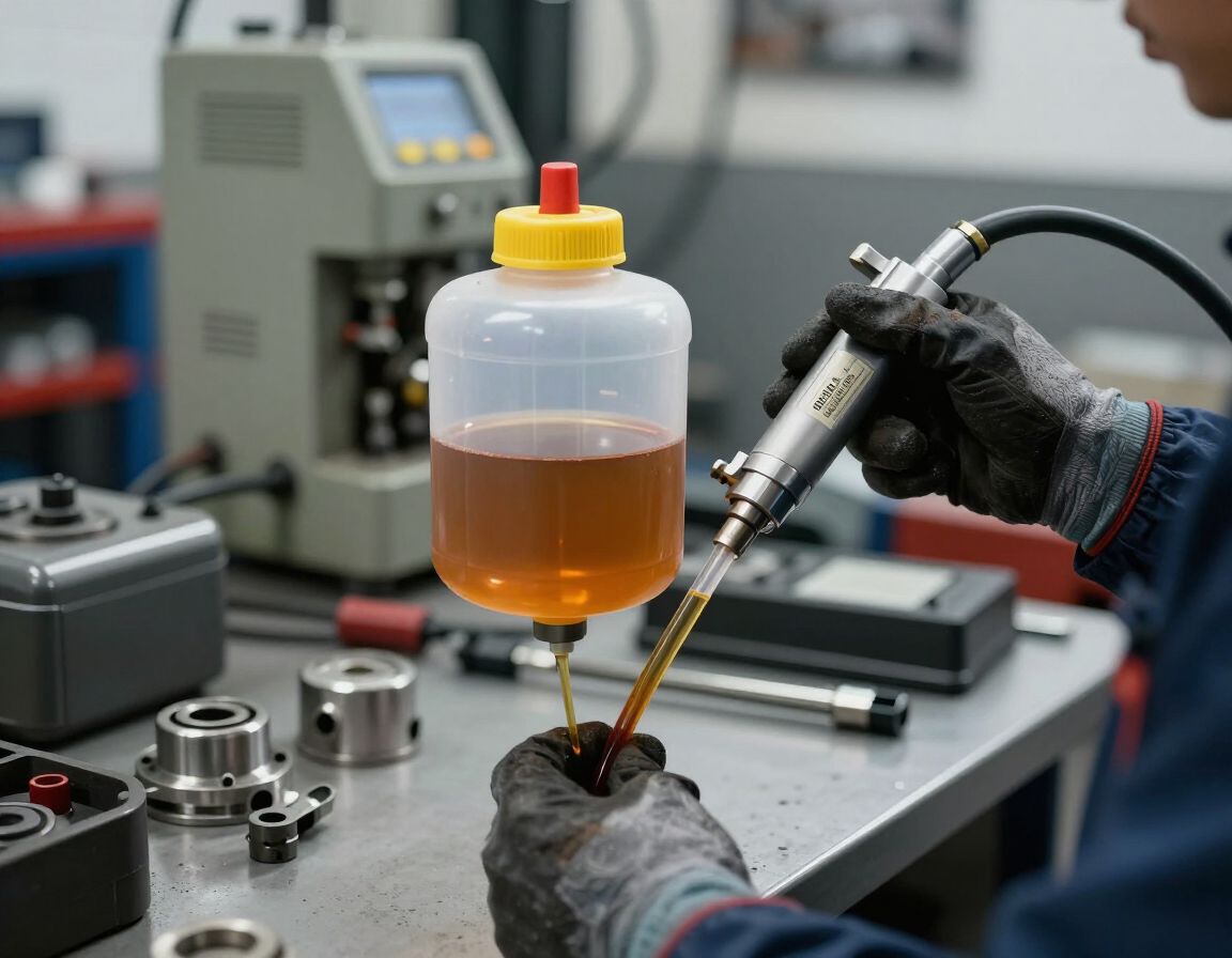 Un trabajador vierte líquido naranja en una máquina en un taller, con herramientas y piezas metálicas cerca.