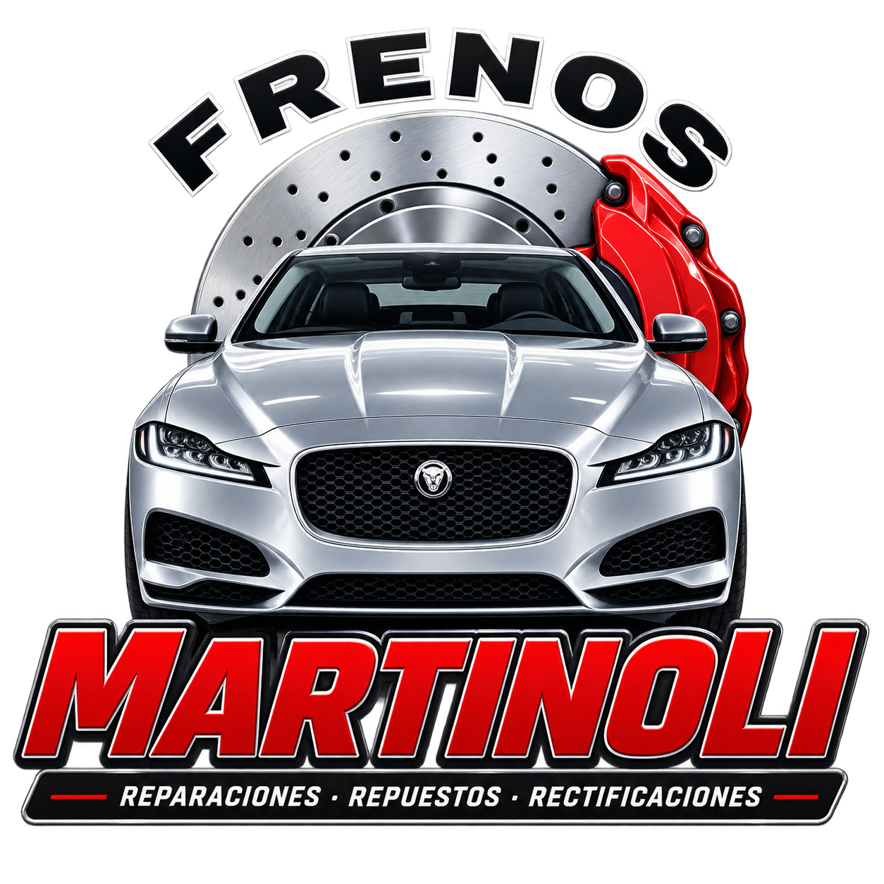Logotipo de Frenos Martinoli con un coche deportivo plateado y una pinza de freno roja; marca de reparación de automóviles y repuestos.