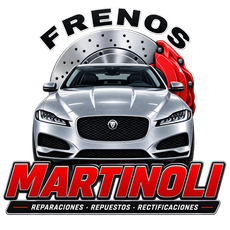 Logotipo de Frenos Martinoli con un coche deportivo plateado y una pinza de freno roja; marca de reparación de automóviles y repuestos.