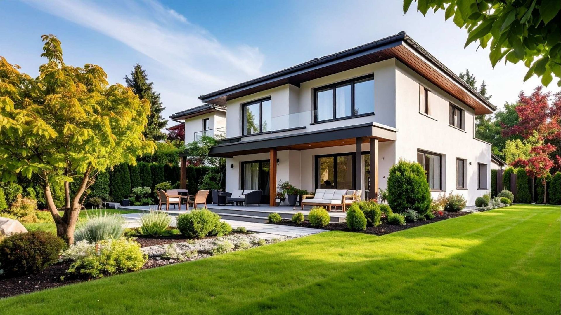 Modern two-story house with a landscaped green lawn and trees in the yard