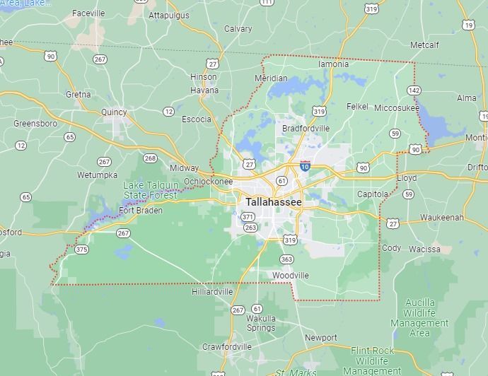 Map of Tallahassee, Florida, showing surrounding towns, highways, and bodies of water.