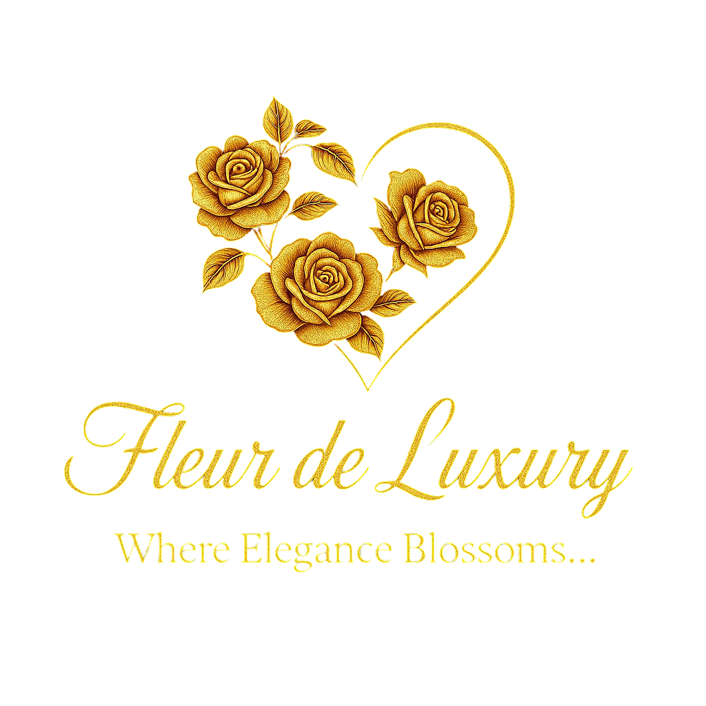 Gold roses within a heart, "Fleur de Luxury" logo. Text reads, "Where Elegance Blossoms..."