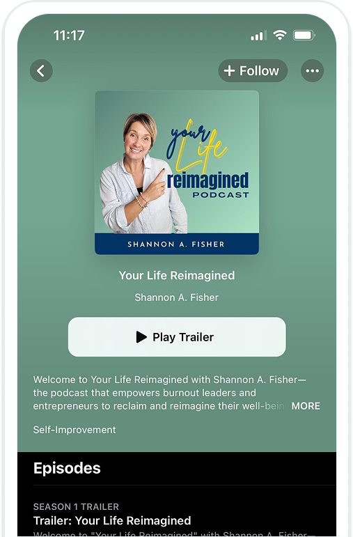 Podcast page with “Your Life Reimagined” cover art, a Play Trailer button, and episode details below