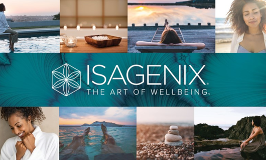 ISAGENIX wellness collage with beach, spa, pool, meditation, and nature scenes