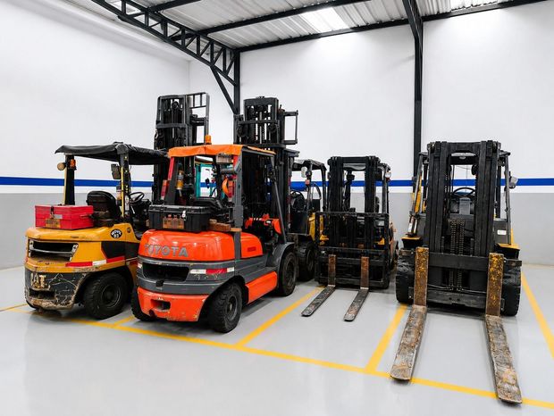 Carretillas elevadoras estacionadas en un almacén, incluyendo modelos de color naranja, amarillo y negro.