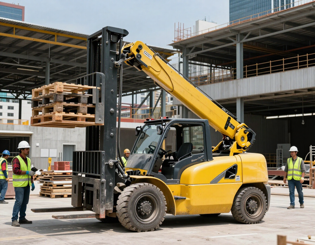 Una carretilla elevadora amarilla apila palés en una obra de construcción con trabajadores cerca.