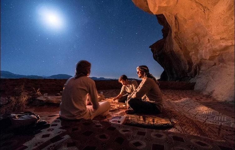 Wild camping under the stars in the Wadi Rum desert, Jordan