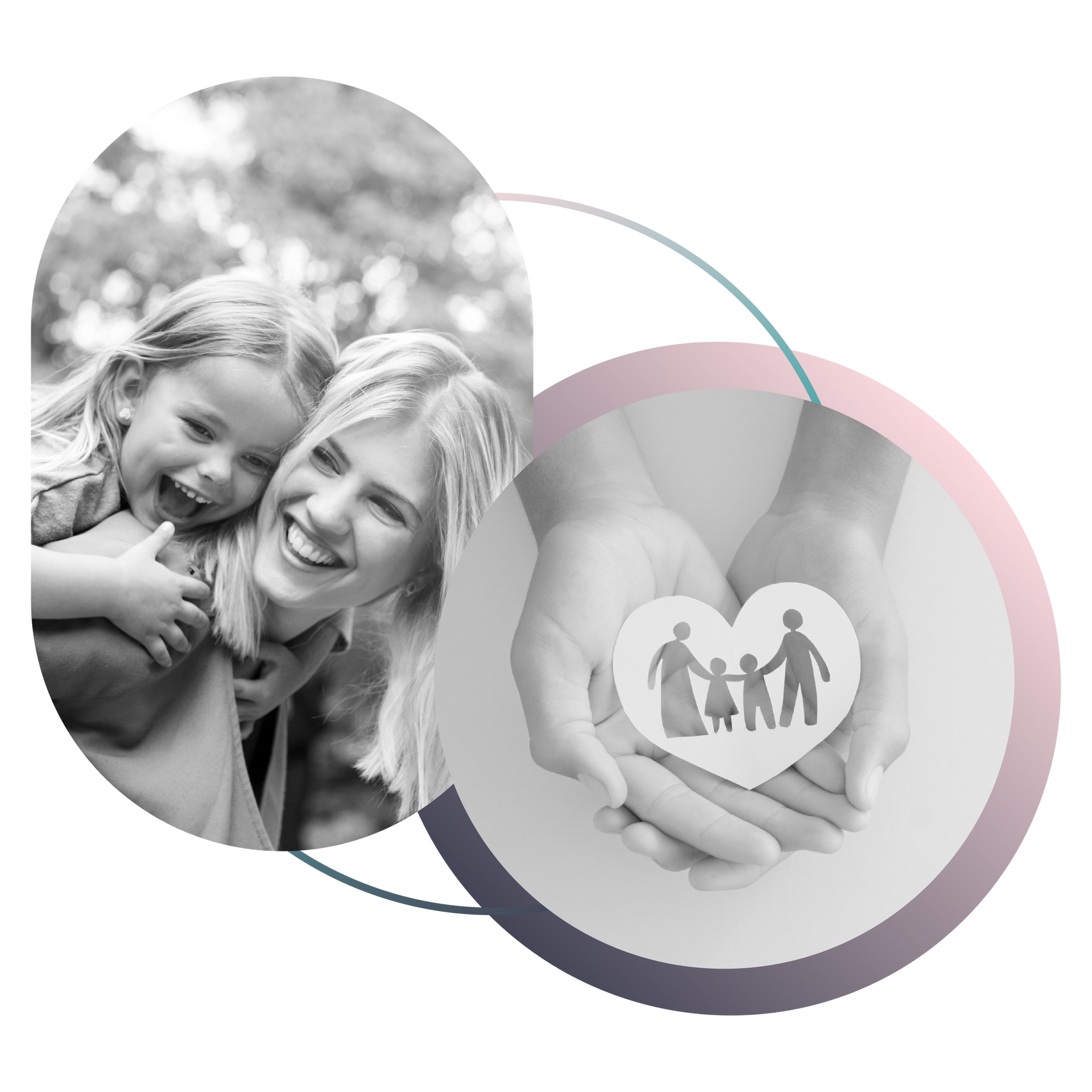 Smiling woman carrying a laughing girl beside hands holding a heart with a family symbol inside.