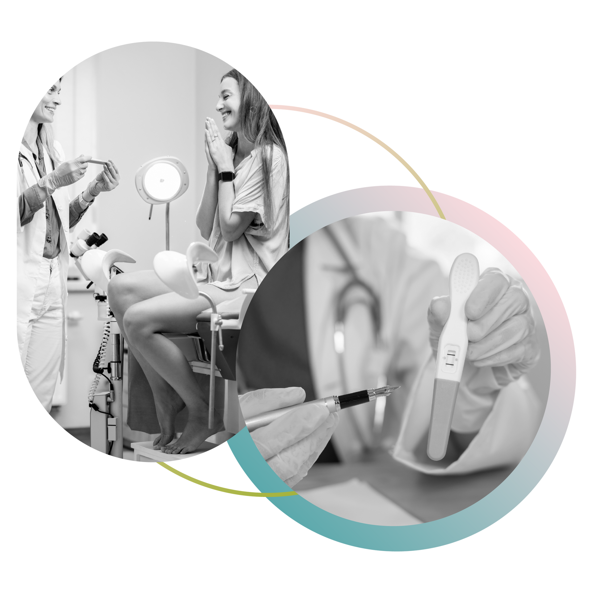 Collage showing a doctor giving pregnancy test results to a smiling woman and holding a positive test.