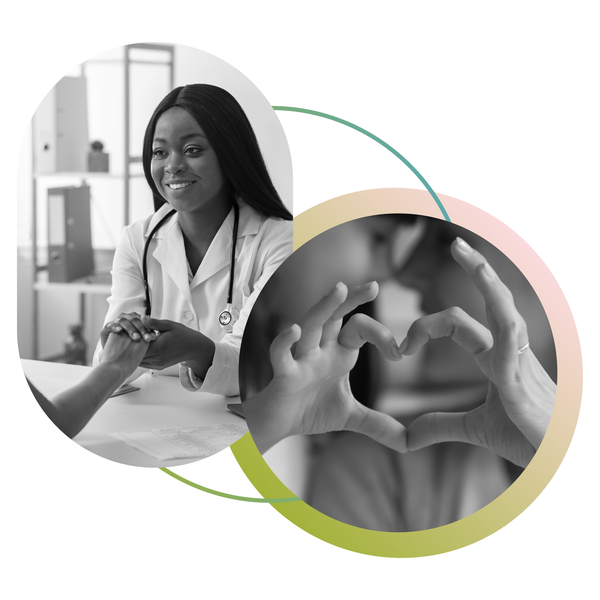 Collage of a smiling doctor holding a patient’s hand and two hands forming a heart shape.