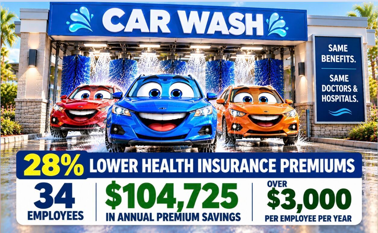 Car wash ad with cartoon cars, advertising 28% lower health insurance premiums and $104,725 savings per employee.