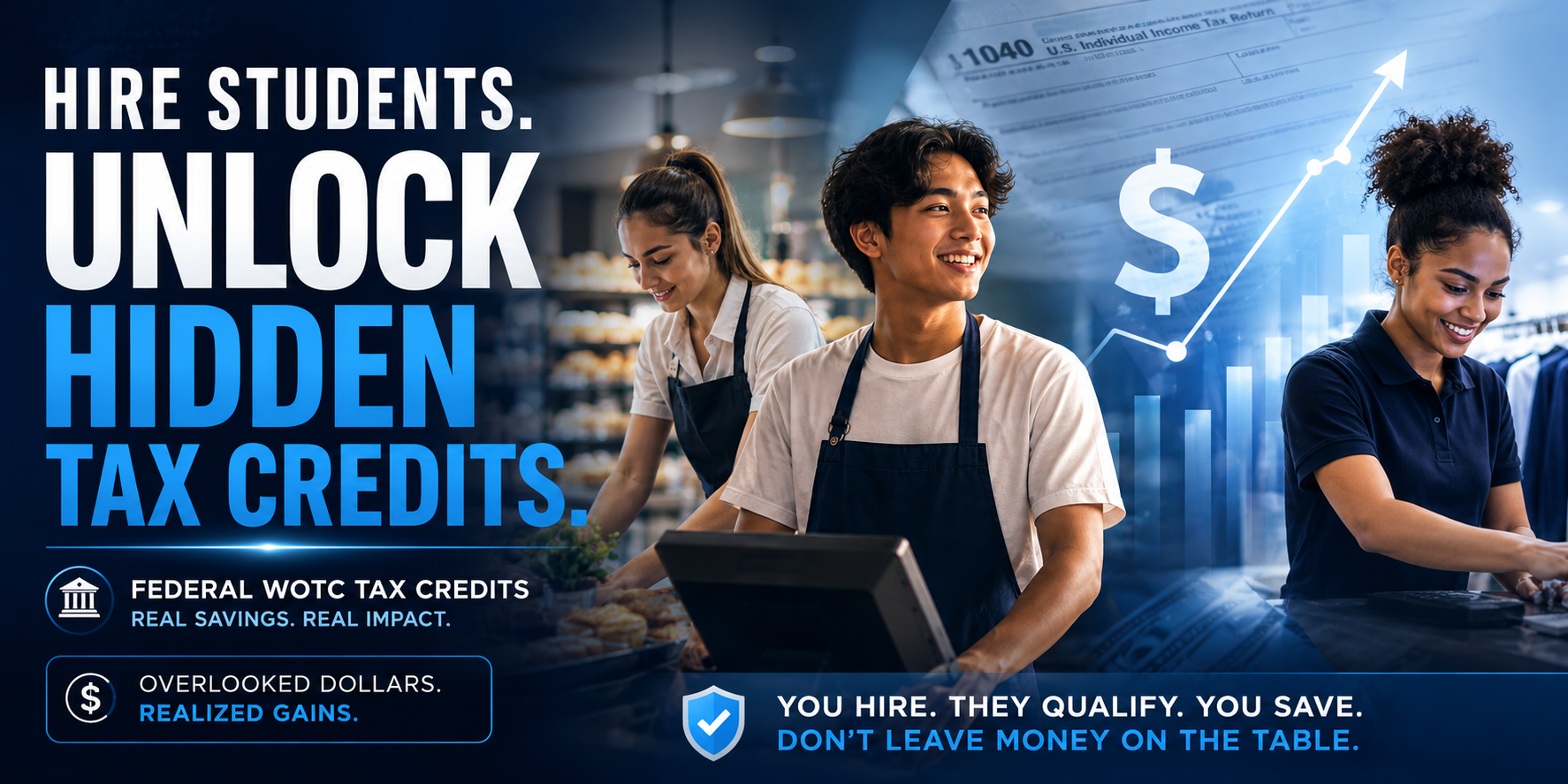 Hire students, unlock hidden tax credits; three smiling students in blue promo graphic.