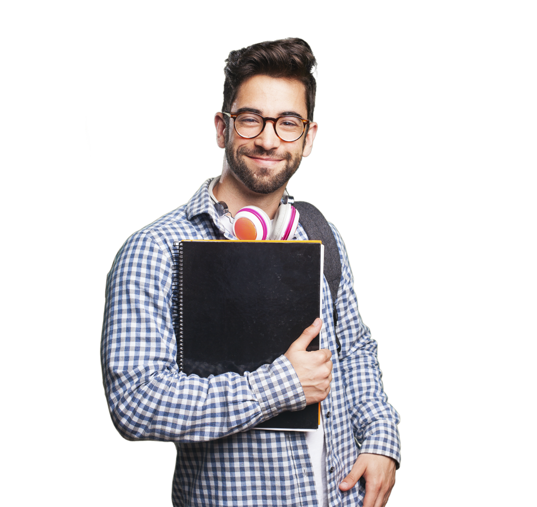 A man wearing glasses and headphones is holding a notebook.