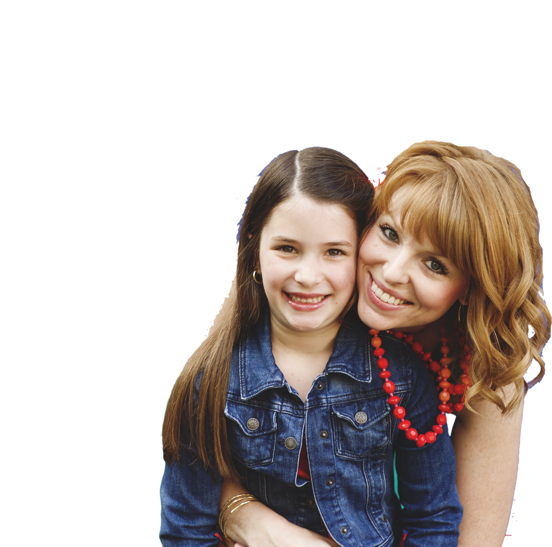 A woman is hugging a little girl who is wearing a red necklace