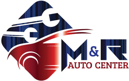 A logo for m & r auto center with a car and a wrench.