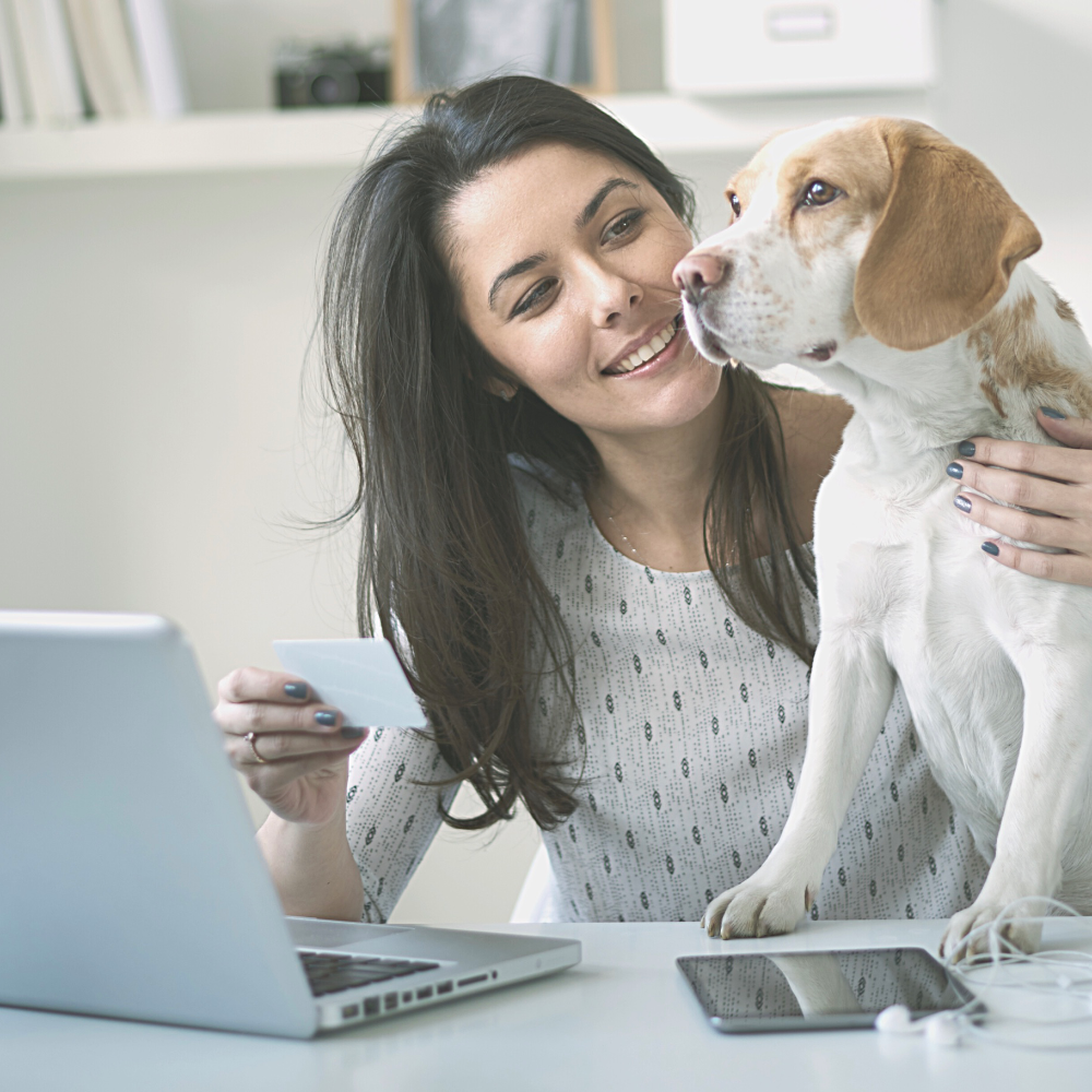 Woman smiles while working on laptop, dog kisses her. White, light-filled setting.