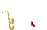 A saxophone and a red high heel on a white background.