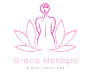 Logo for Grace MedSpa: Pink silhouette of a woman within a lotus flower, with text