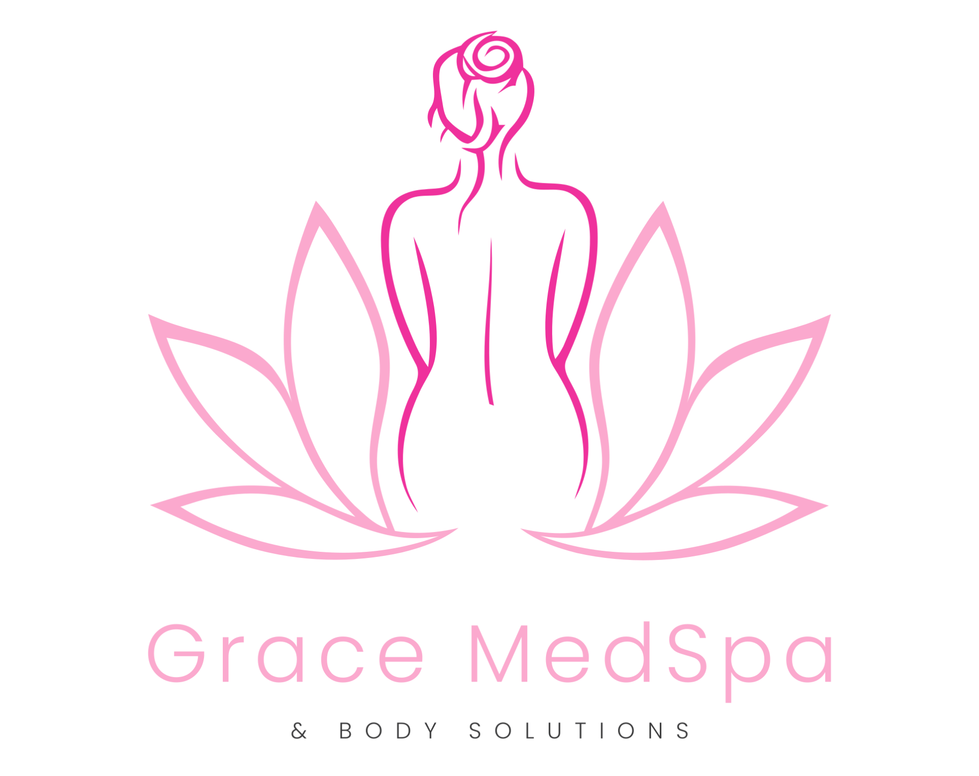 Logo for Grace MedSpa: Pink silhouette of a woman within a lotus flower, with text 