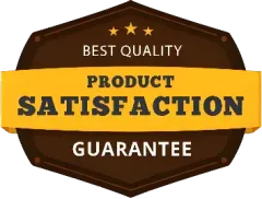 Brown and gold product satisfaction guarantee badge with five stars