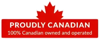 Red Canadian pride badge with maple leaf and text “Proudly Canadian, 100% Canadian owned and operated”