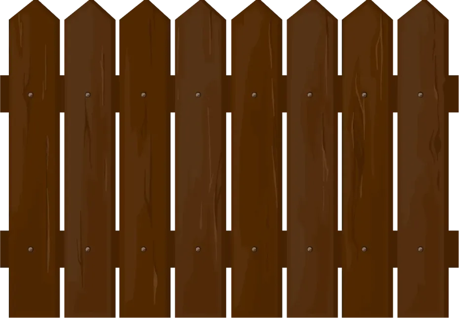 Brown wooden picket fence with pointed tops and small gaps between slats