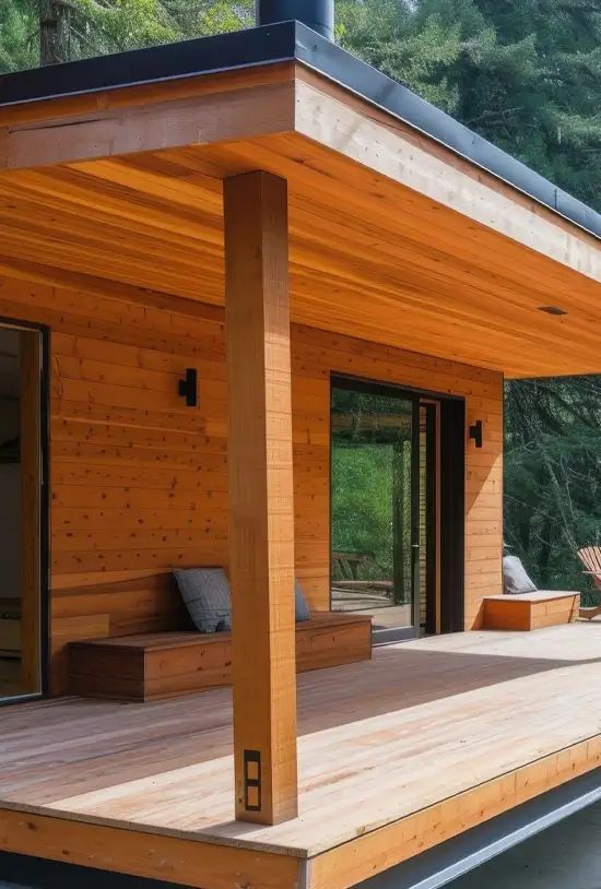 Modern wooden cabin terrace with open seating, large glass doors, and forest view