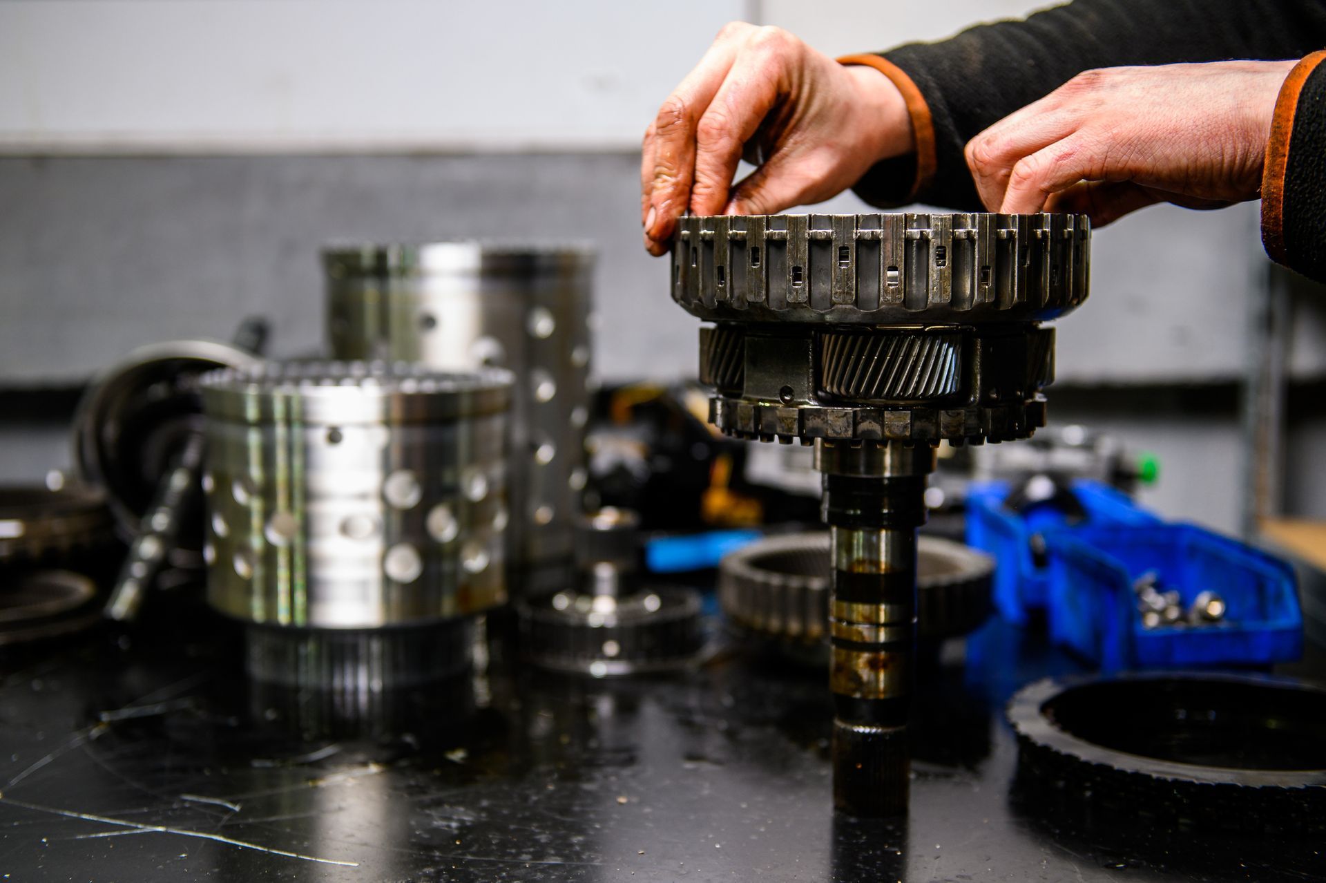 Close-up of automatic transmission rebuild in progress.