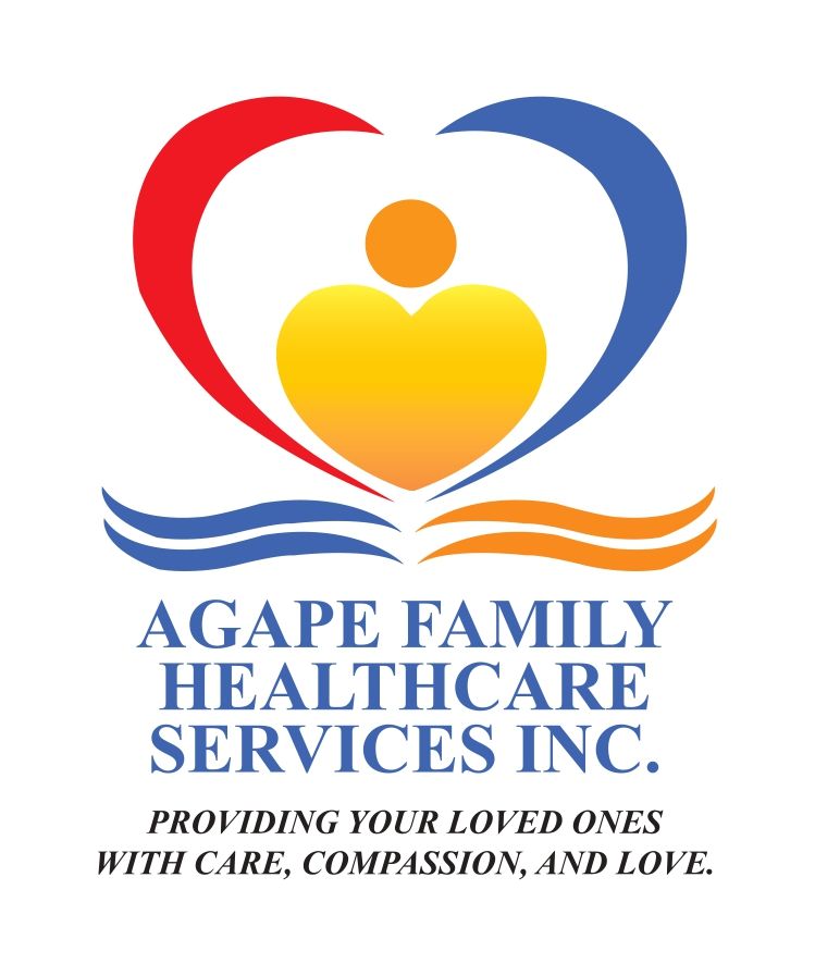 Logo for Agape Family Healthcare Services Inc., heart shape, text Providing your loved ones with care, compassion, and love