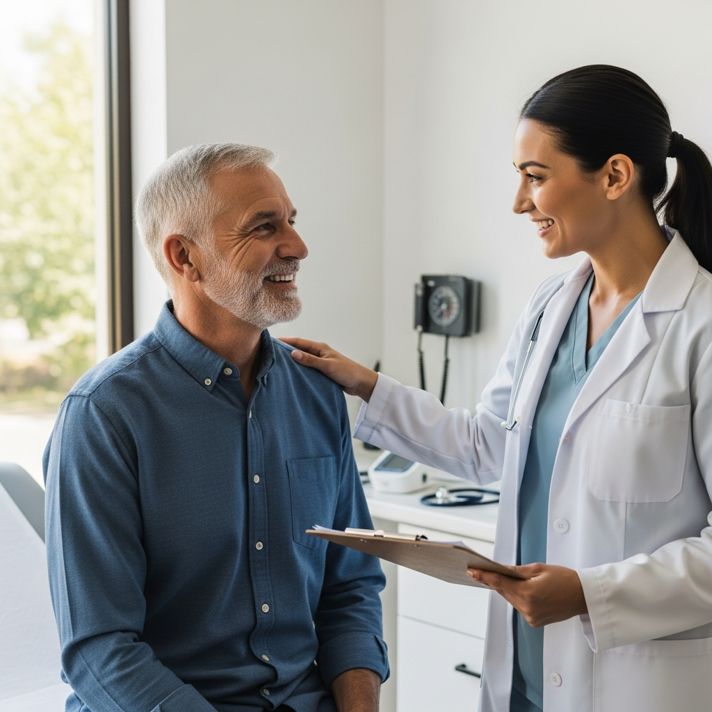 Smiling female doctor reassuring elderly male patient by keeping her hand on his shoulder during medical consultation
