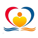 Heart-shaped emblem with a person icon inside, surrounded by curves. Colors are red, blue, and yellow.