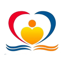 A logo with a yellow heart shape and an orange circle above it, framed by a red and blue arc, over two wavy lines.