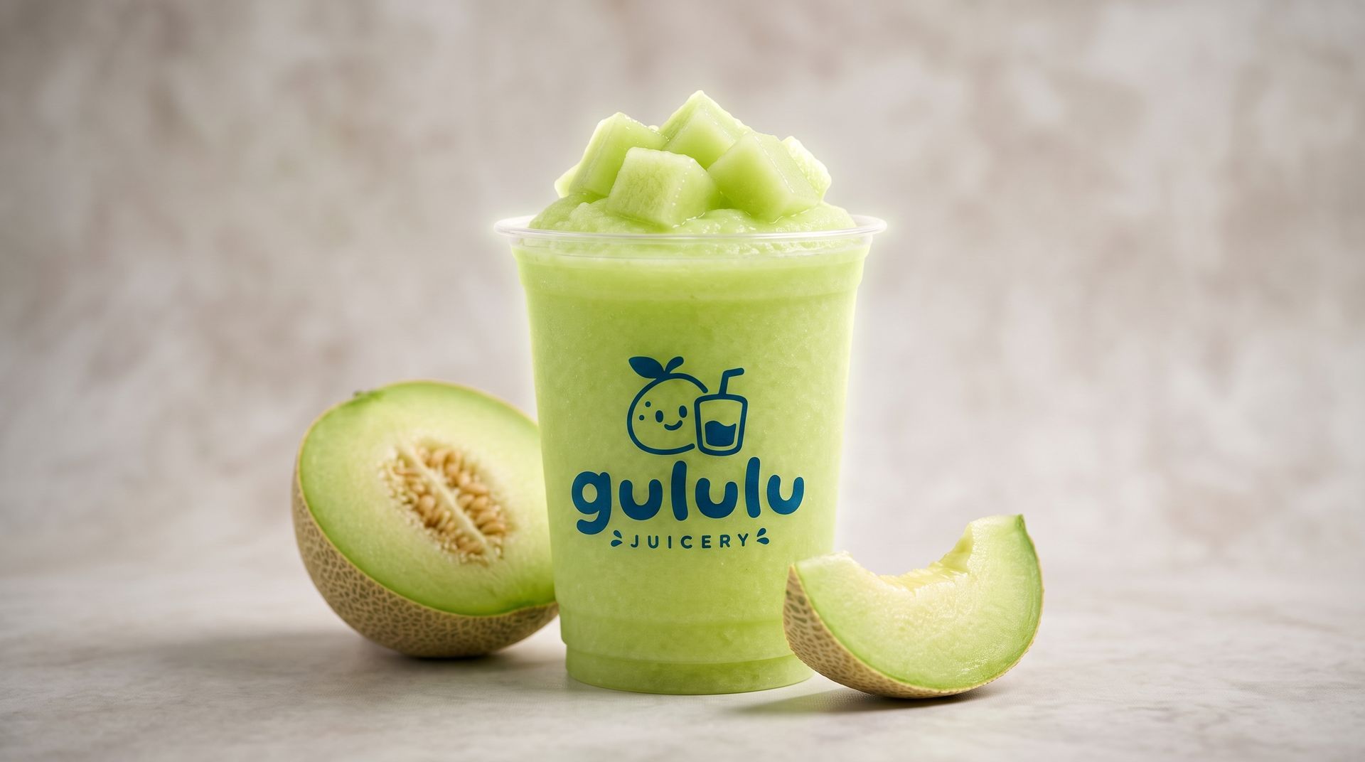 Green kiwi smoothie in a cup, garnished with kiwi chunks, flanked by two kiwi halves on a light background