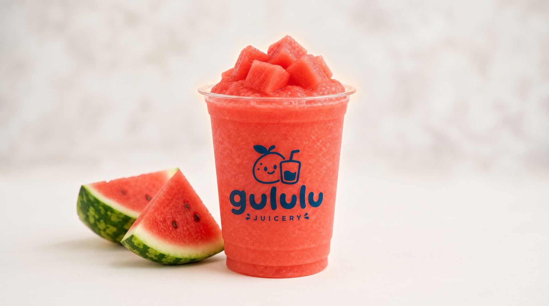 Watermelon smoothie in a clear cup with a logo, topped with watermelon cubes, beside a watermelon slice.