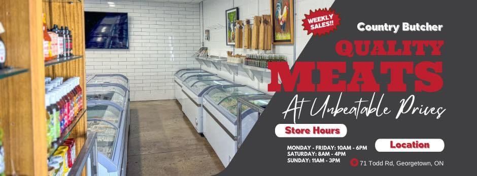 A picture of a meat store with a sign that says `` quality meats at unbeatable prices ''.