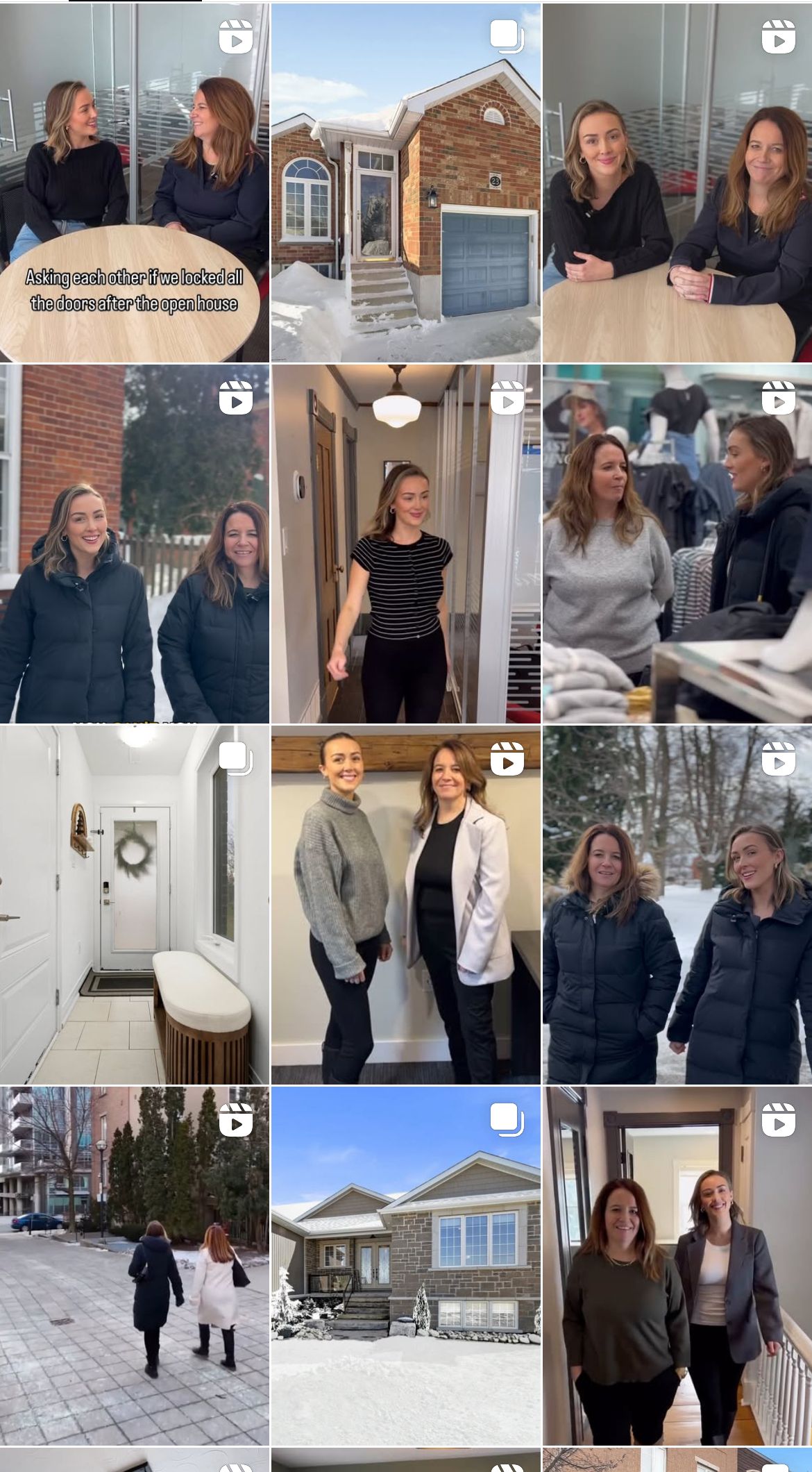 A collage of photos of women standing next to each other in a house.