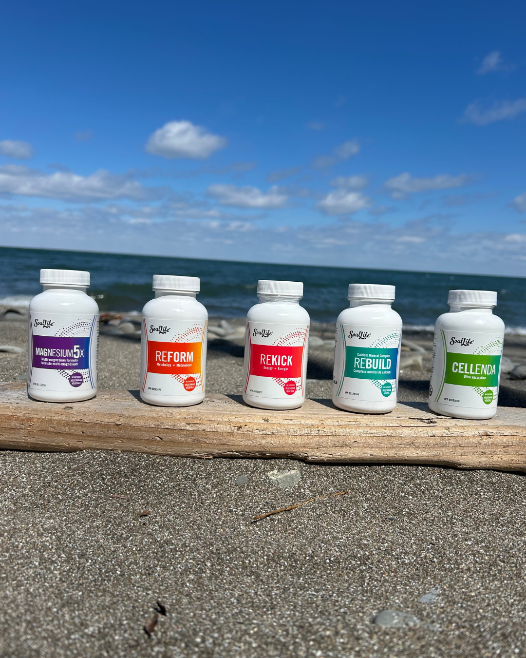 Five bottles of pills are sitting on a piece of driftwood on the beach.
