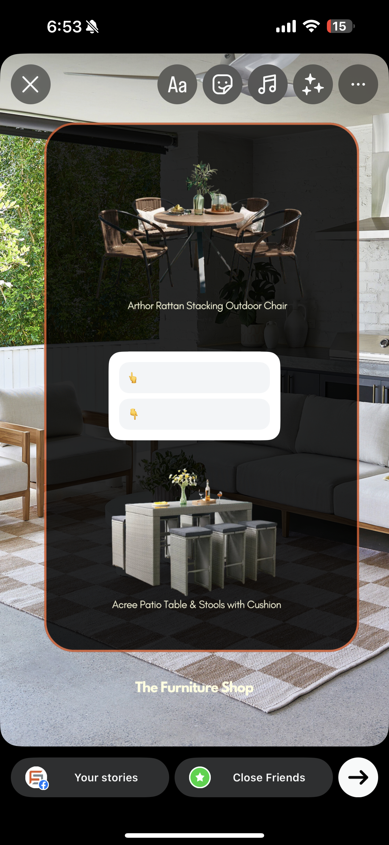 A phone screen shows a living room with a table and chairs.