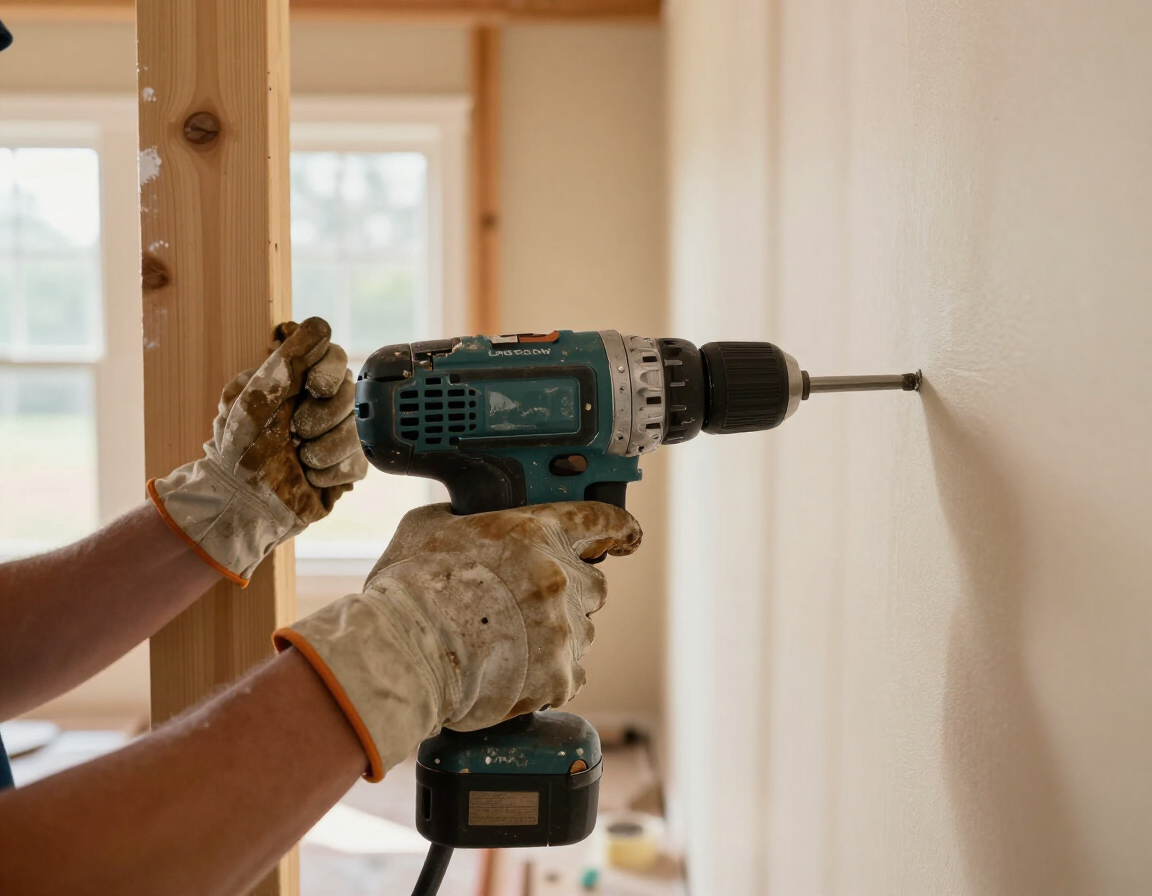 Gloved hands using a teal power drill to install a screw in a white wall indoors Gloved hands using a teal power drill to install a screw in a white wall indoors
