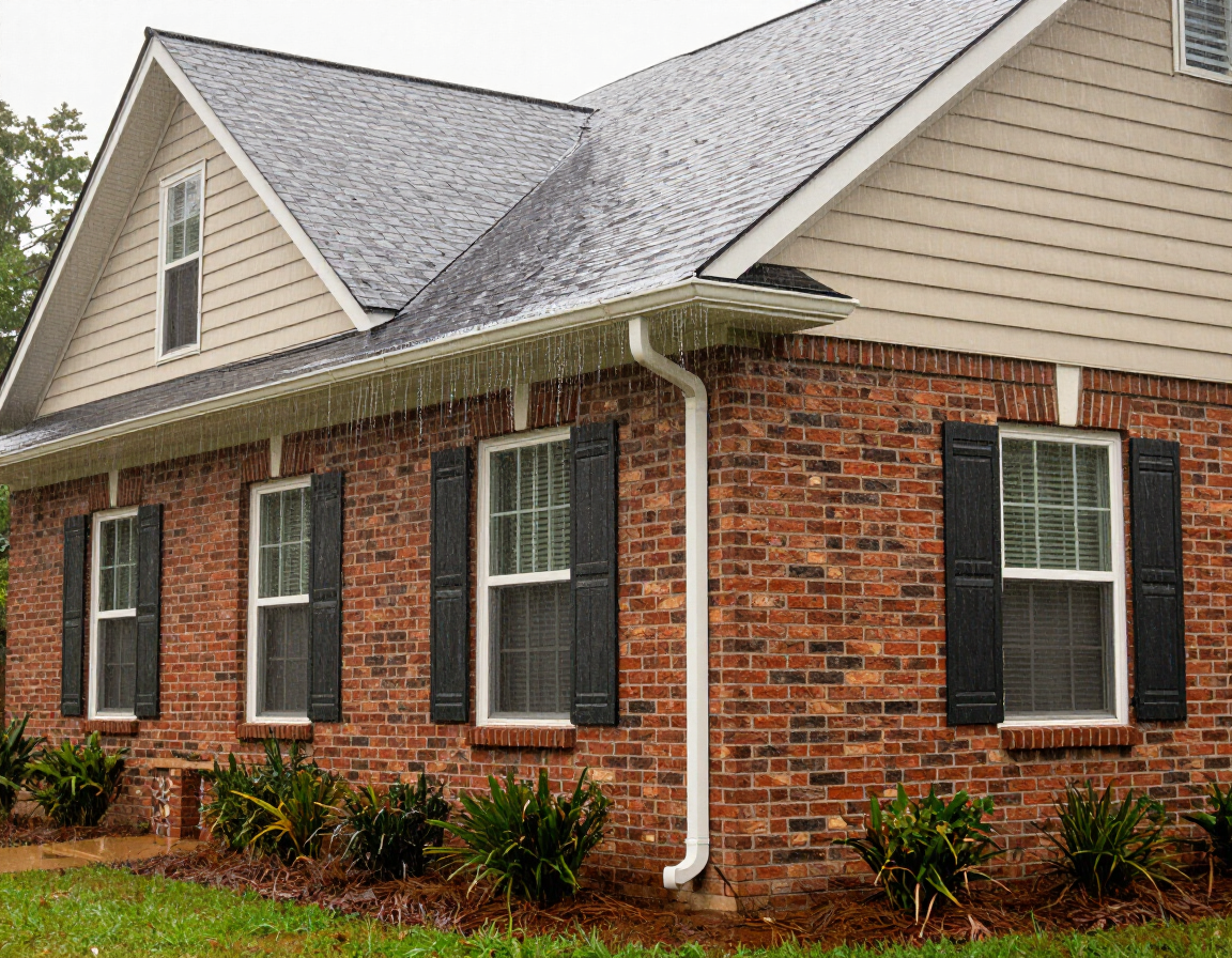 Brick suburban house with beige siding, dark shutters, and white gutters under a gray roof
