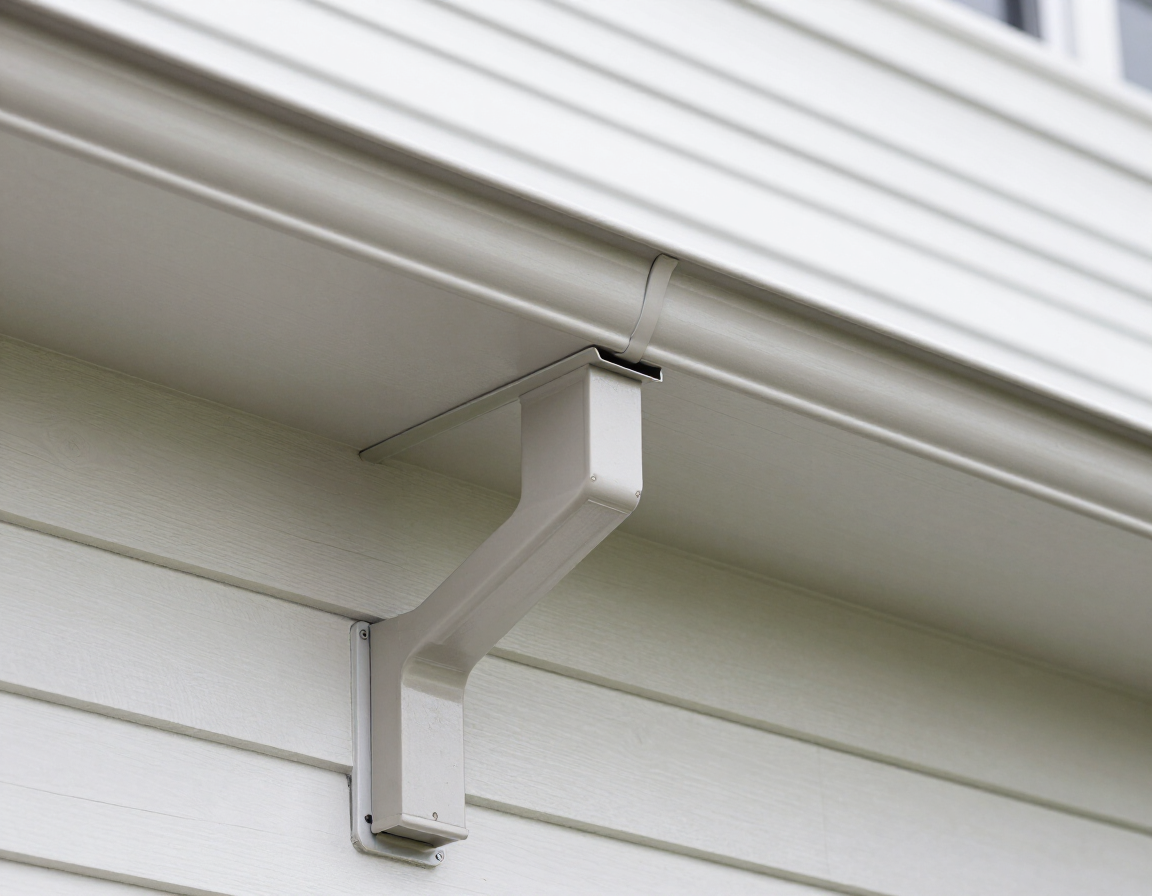 White gutter bracket mounted under a roof eave on a house exterior
