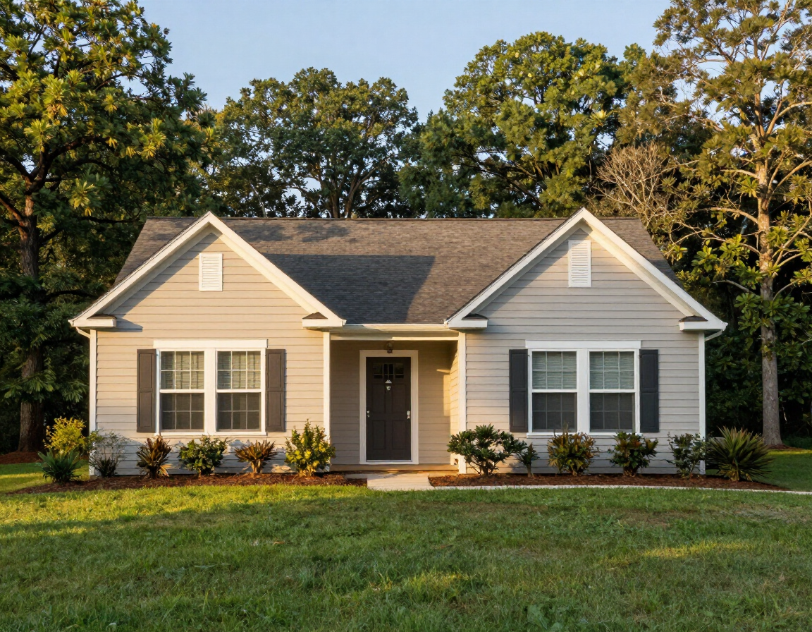 Single-story beige house with gray roof, dark shutters, front porch, and green lawn at sunset