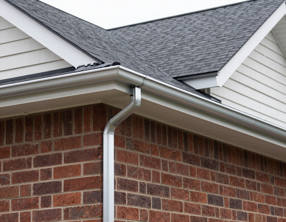 White gutter downspout on a red brick house beneath a gray shingled roof eave