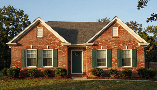 Brick ranch-style house with white trim, green shutters, and a front lawn at sunset