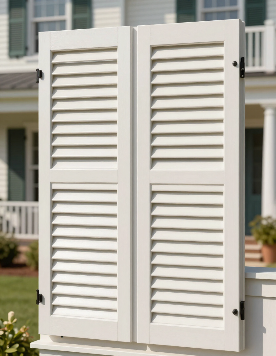White louvered shutters on a house exterior, standing open against a blurred porch and lawn backdrop