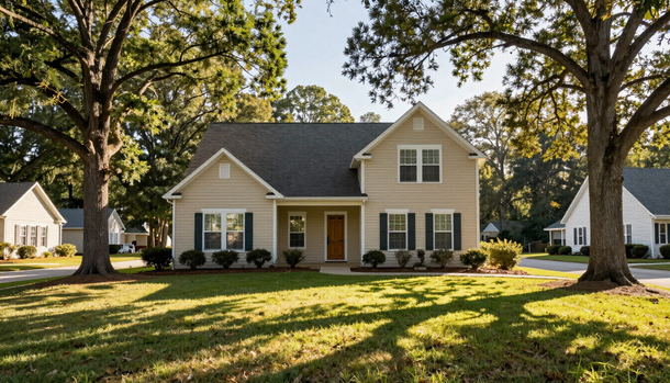 Suburban beige house with white trim and large trees in a sunlit front yard