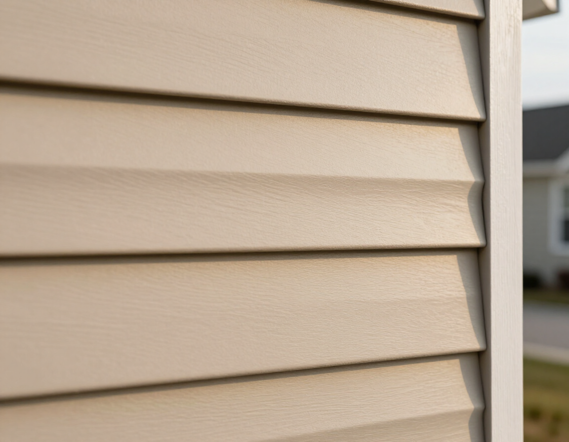 Close-up of beige vinyl house siding beside a white window frame.
